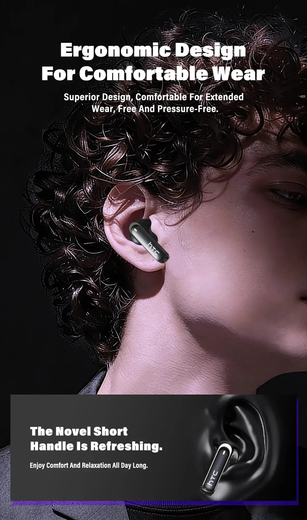 HTC NE70 wireless earbuds in black with HTC branding, worn in the ear.