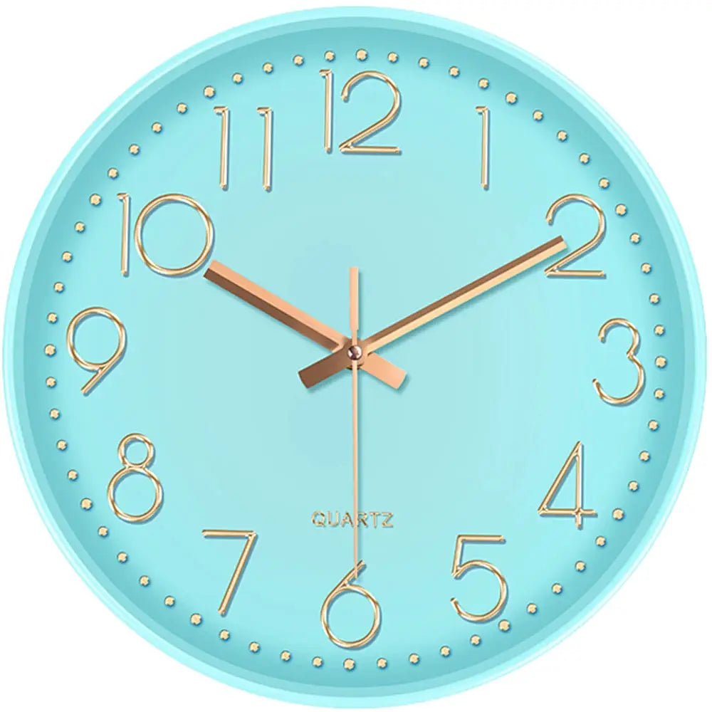Wall clock in teal with gold-tone numerals and hands, tempered glass, quartz movement