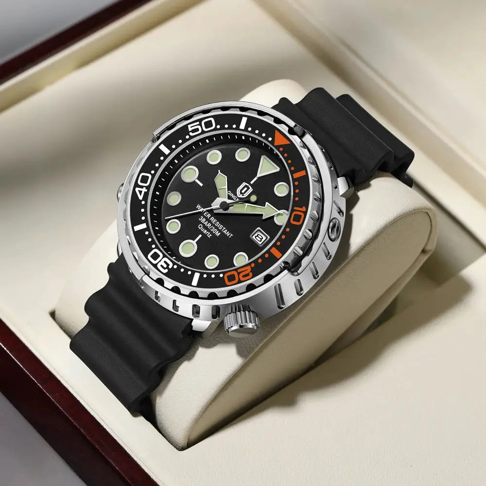 QINGXIYA men's quartz sport watch by Simples Market; black dial, orange bezel, silicone strap, luminous markers.