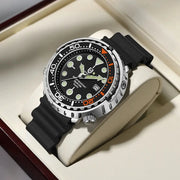 QINGXIYA men's quartz sport watch by Simples Market; black dial, orange bezel, silicone strap, luminous markers.