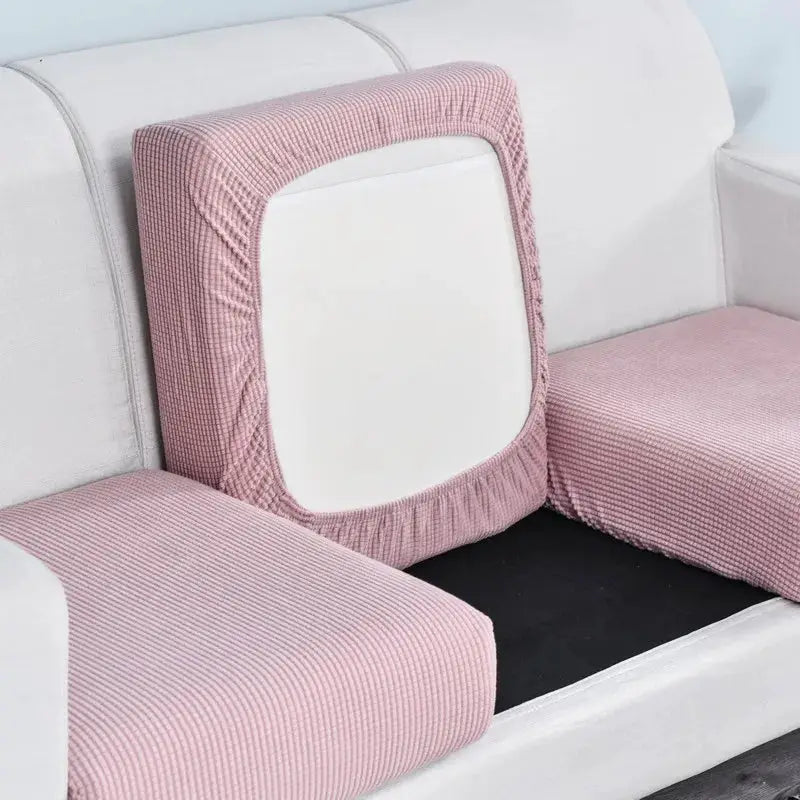 Polar fleece sofa seat cushion covers in pink; elastic 3-piece set for living room protection