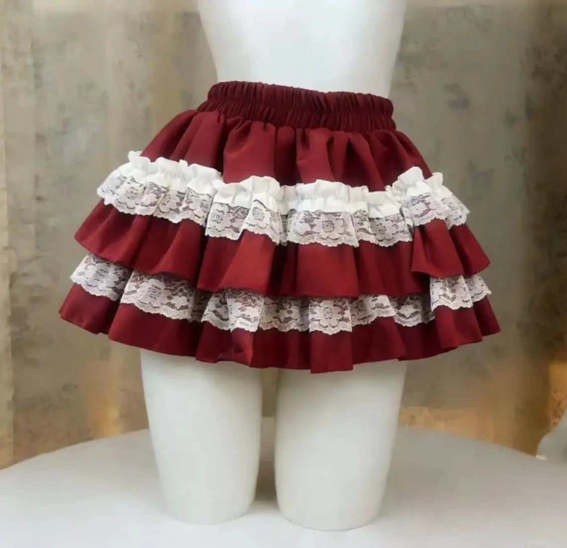 Lolita style cake skirt, burgundy red with white lace ruffles, layered mini party skirt.