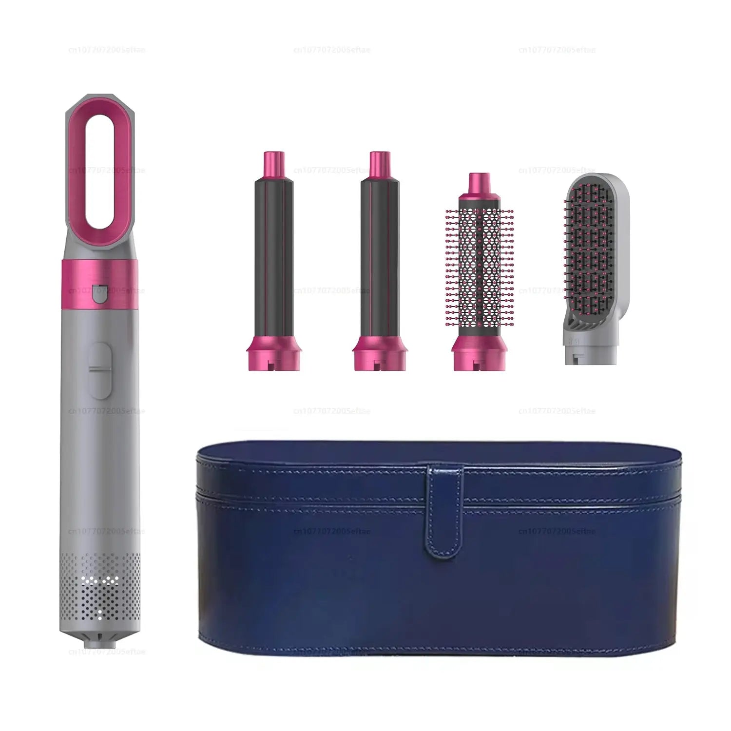 Simples Market 5-in-1 hair styler and ionic hair dryer set with pink accents and blue carrying case