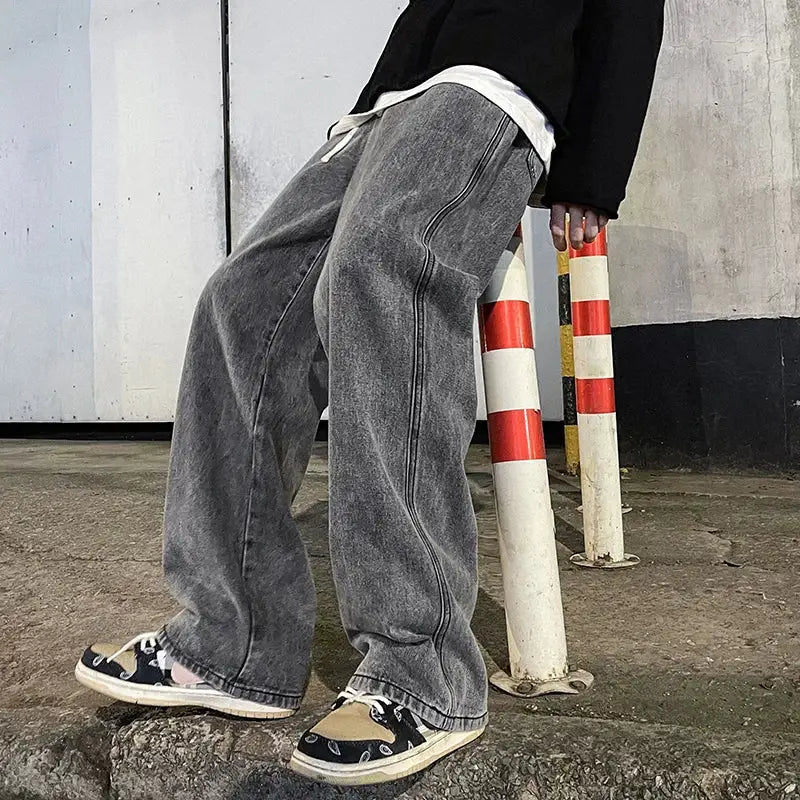 Brand Clothing Streetwear Loose Jeans For Men Korean Style Wide Leg Pants Breathable Cotton Poly Blend