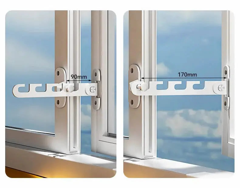 Window safety lock bar by Simples Market, white with adjustable latch hooks and 90–170mm reach