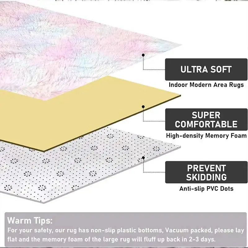 Kids rainbow plush rug with memory foam middle and anti-slip bottom
