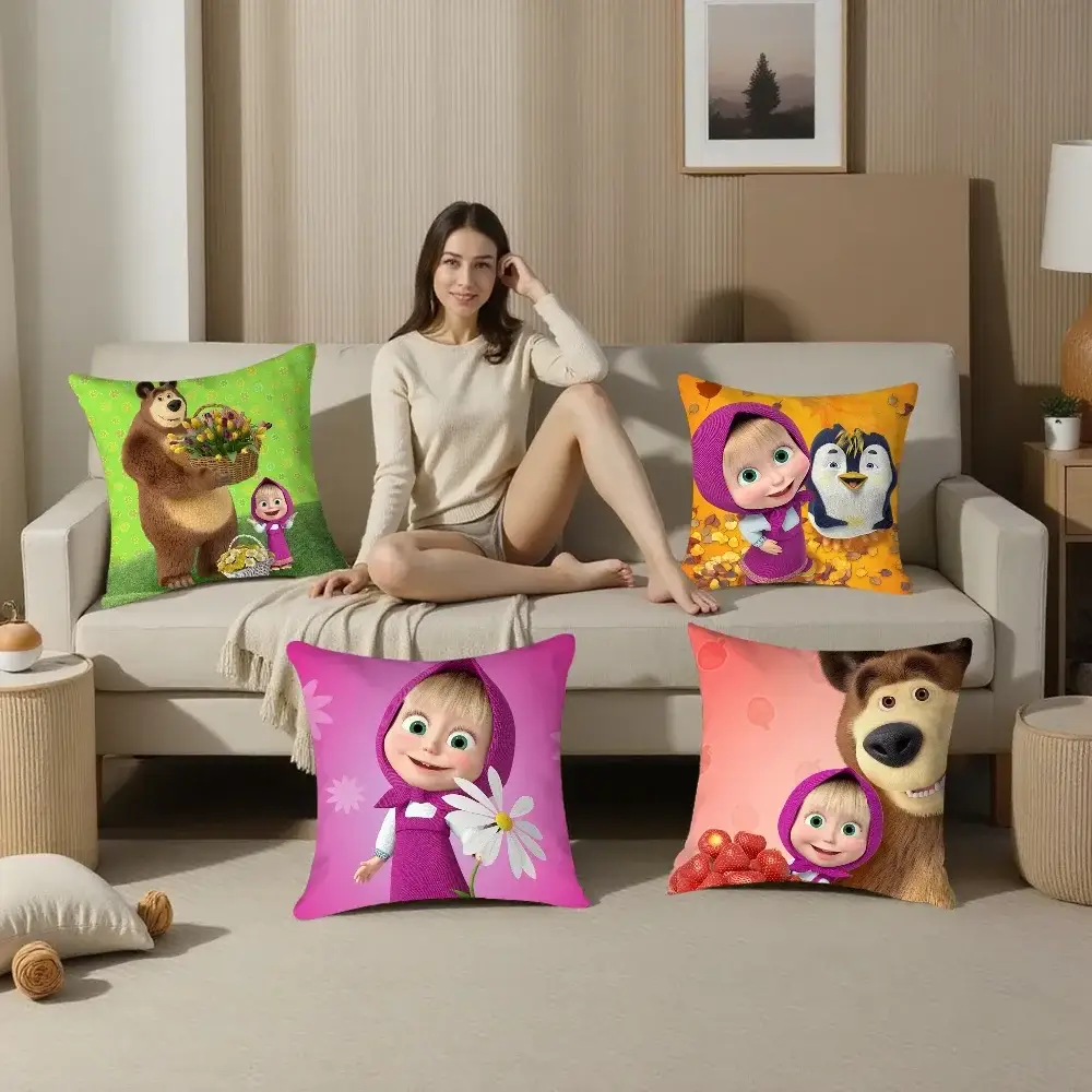 M-Masha And B-Bears pillow covers; plush double-sided prints in green, orange, pink, peach - 4 decorative cushions
