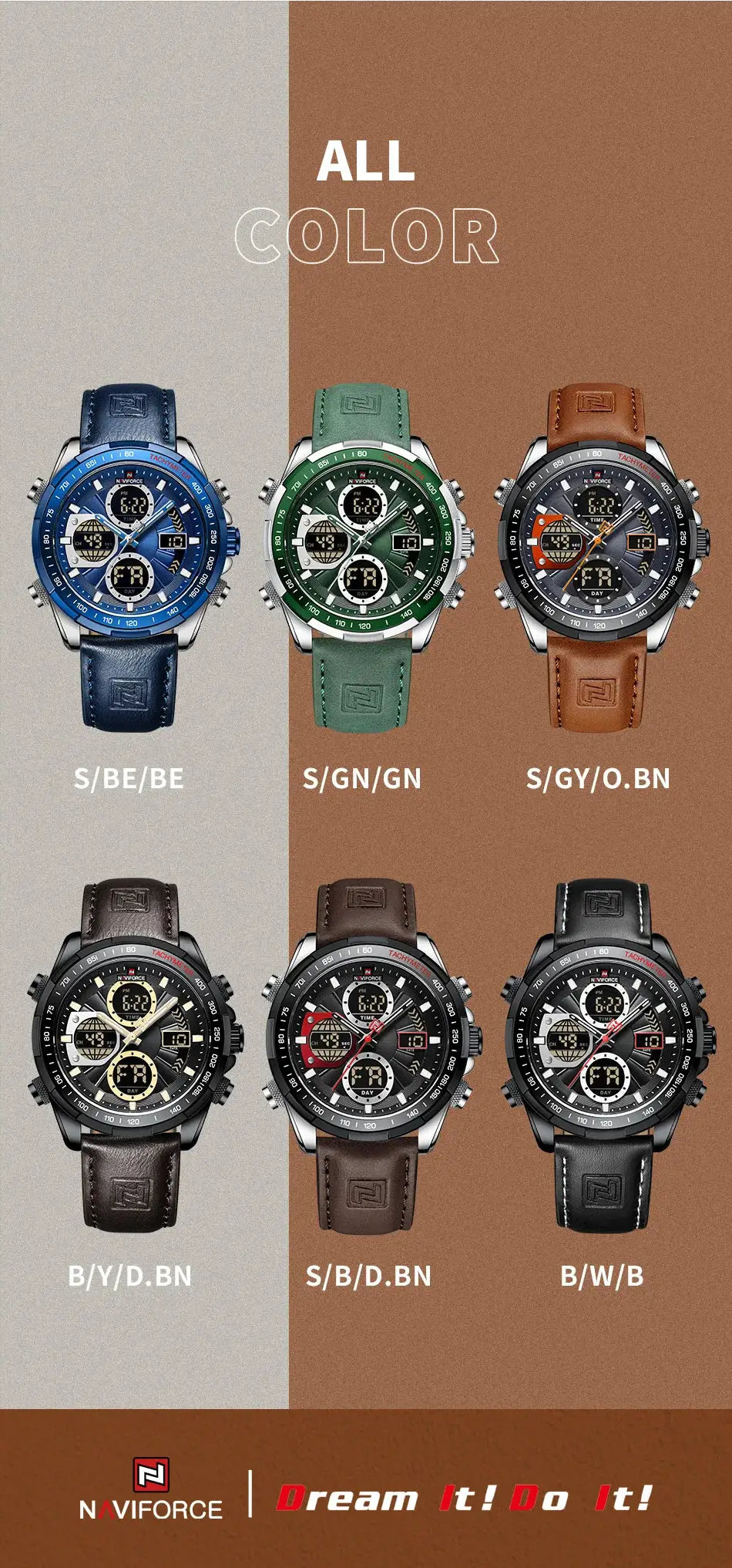 NAVIFORCE men's sport watch; six color options with genuine leather straps, dual-display, waterproof.
