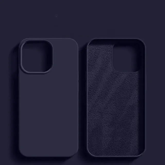 Two dark navy liquid silicone iPhone cases for iPhone 11–17 Pro Max; smooth exterior with textured inner surface