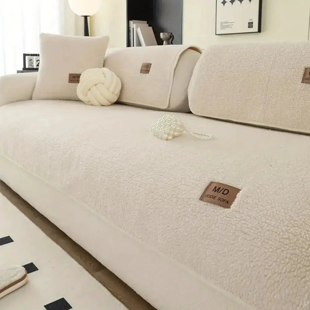 Solid sherpa sofa cover by Simples Market in beige, anti-slip universal slipcover with PU label decor
