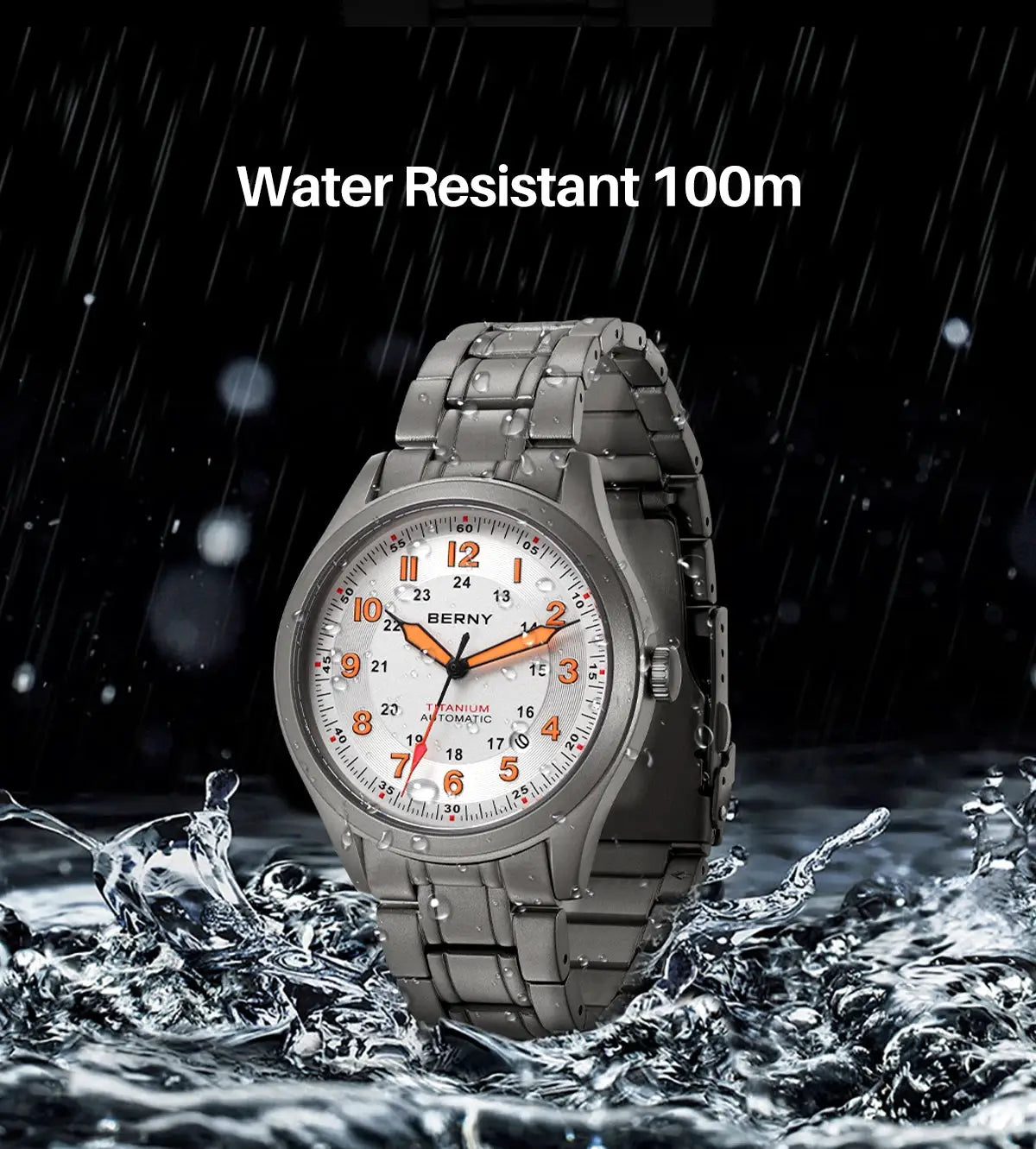 BERNY titanium automatic men's watch with white dial, orange numerals, metal bracelet, water resistant 100m