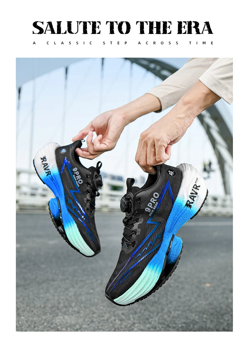 Pair of men's running shoes with carbon-plate cushioning; black upper, blue gradient sole, non-slip outsole.
