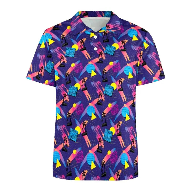 Simples Market men's retro golf polo shirt, short-sleeve with vibrant 80s/90s geometric print