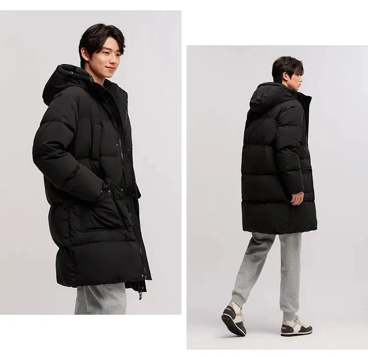 Semir Down Jacket Men, long black puffer coat with hood, waterproof thick winter outerwear.