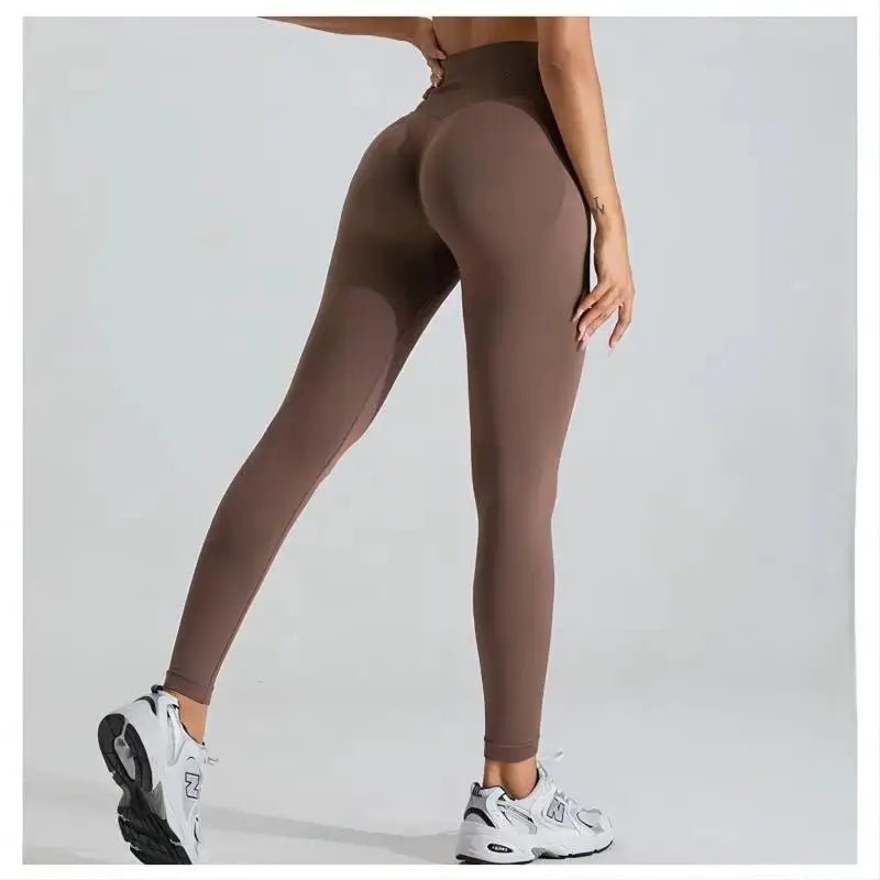 Women's seamless yoga leggings, brown, high-waist tummy-control scrunch-butt lifting gym pants.