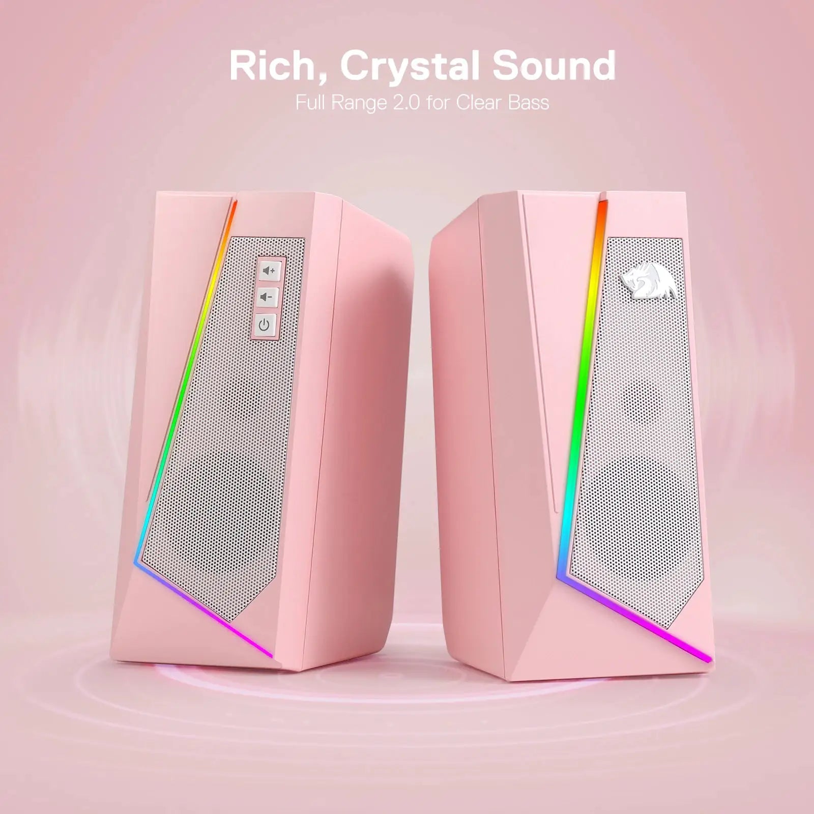Redragon GS520 RGB desktop speakers, pink pair with rainbow LED edge lighting and control panel