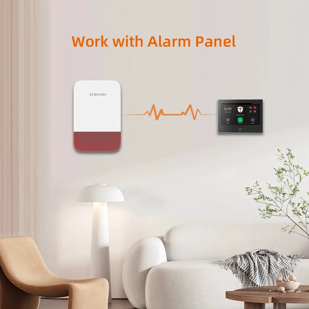 Staniot wireless strobe siren with solar panel; 2 devices shown, siren and alarm panel, 120dB, built-in 5000mAh battery