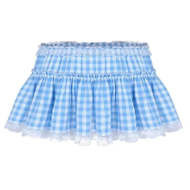 Women's blue gingham lace-trim mini skirt with ruffle hem, Simples Market.