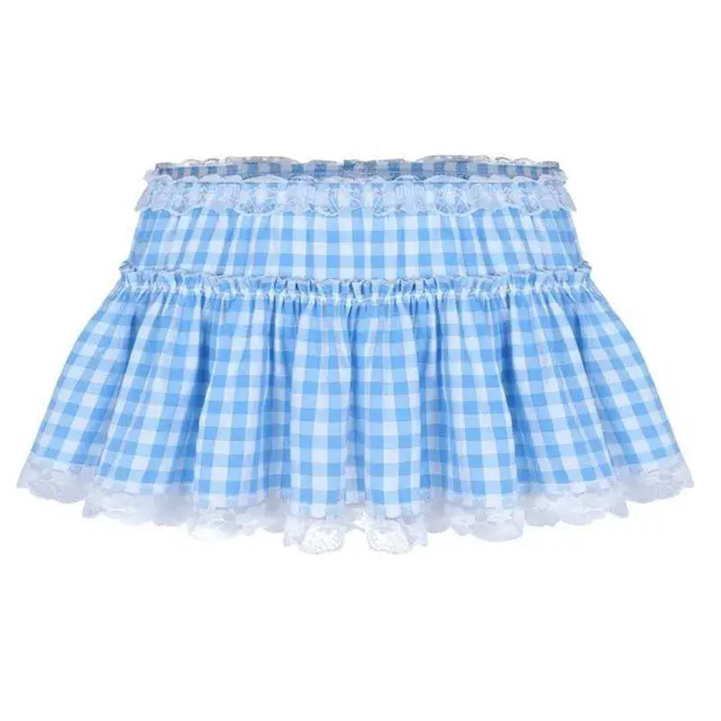 Women’s blue gingham lace mini skirt with ruffle trim by Simples Market