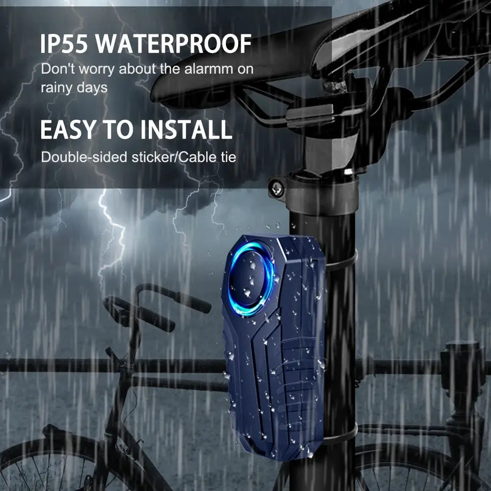 Bike anti-theft alarm 113dB by Simples Market, blue with LED ring, IP55 waterproof mounted on bicycle stem