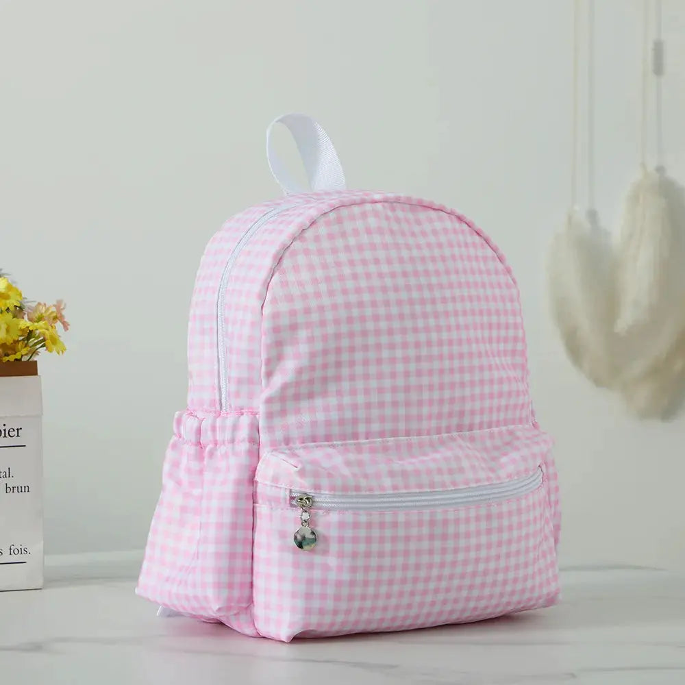 Simples Market pink gingham toddler backpack for ages 3-6 lightweight school bag with front pocket