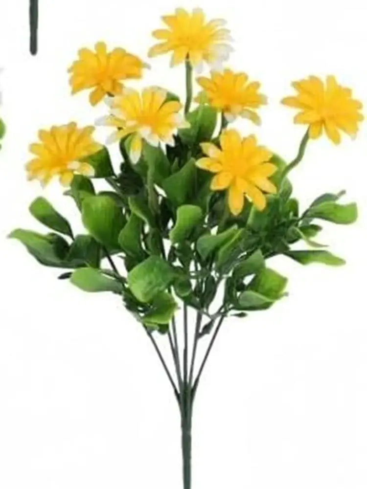 Artificial silk daisy bouquet with yellow blooms and green leaves