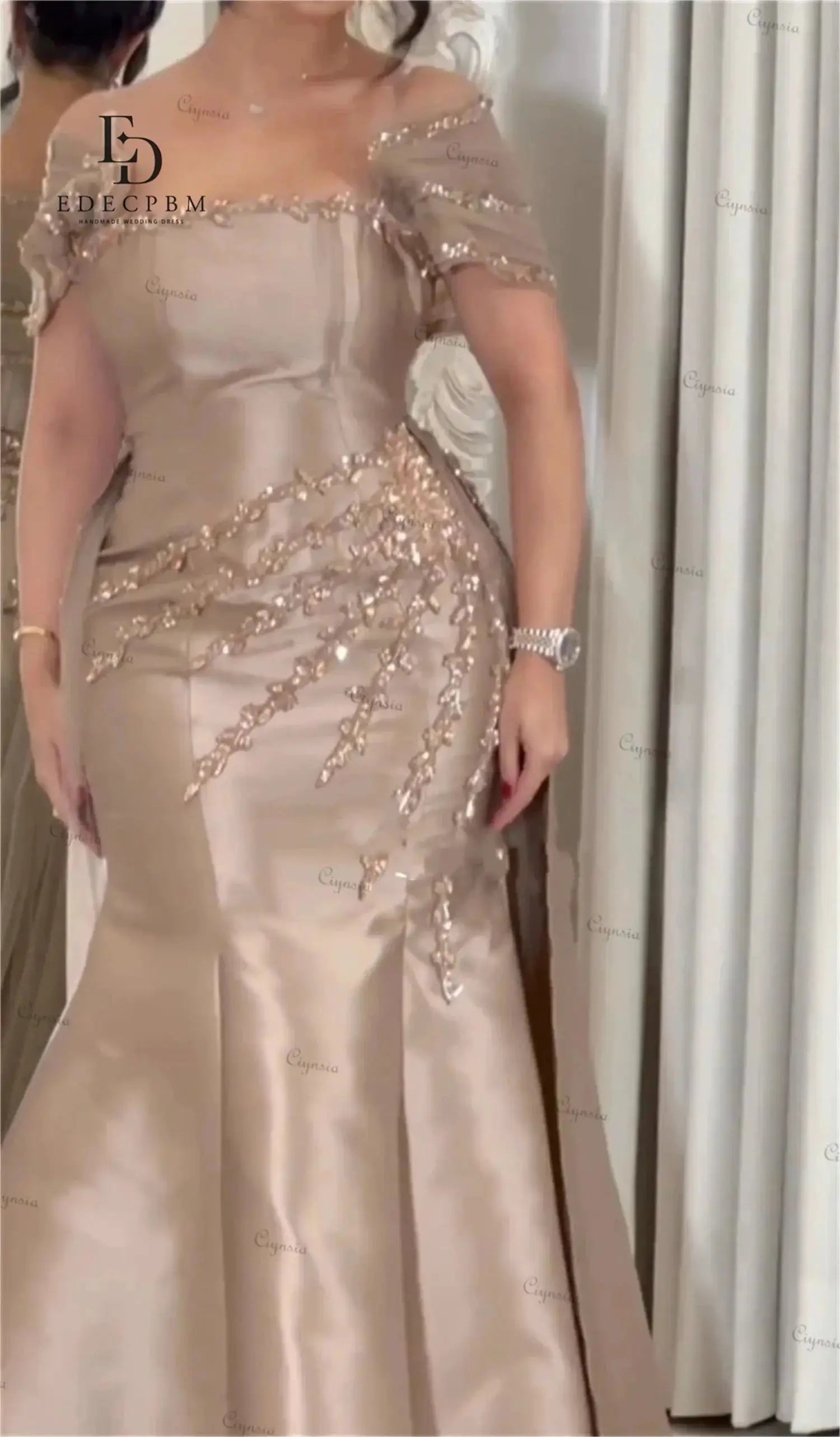 Customized Saudi Champagne Satin Evening Dress With Beading Luxurious