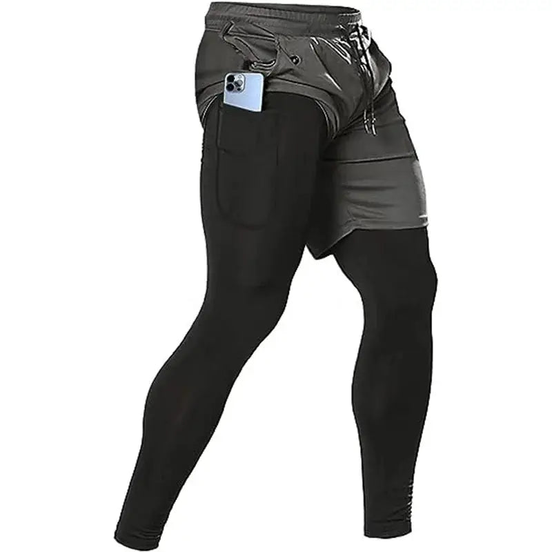 Men's 2-in-1 training pants by Simples Market, black leggings with gray shorts and phone pocket