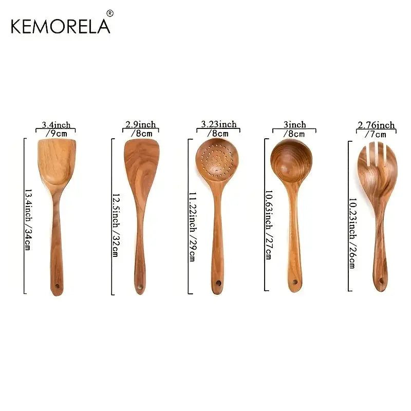 5Pcs Thailand Teak Kitchen Utensils Set Natural Wooden Tableware Ladle Turner Rice Colander Soup Skimmer Scoop
