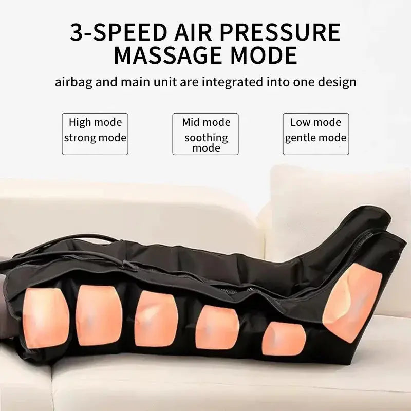 Air pressure leg massager boots by Simples Market, black with pink inflatable pads and remote control