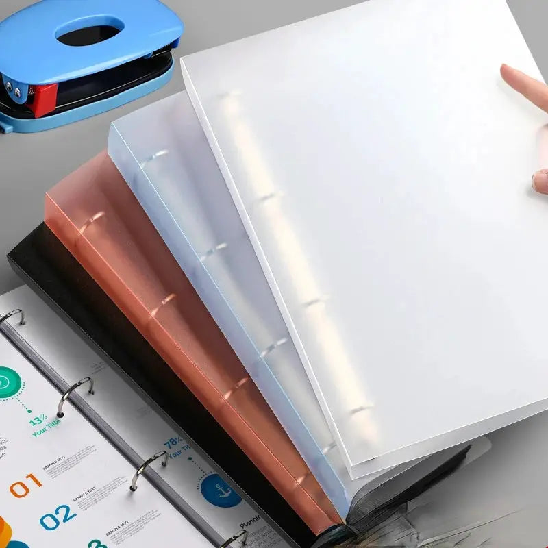 Five A4 4-hole D-type binder folders (PP) in white, blue, transparent, brown, and black