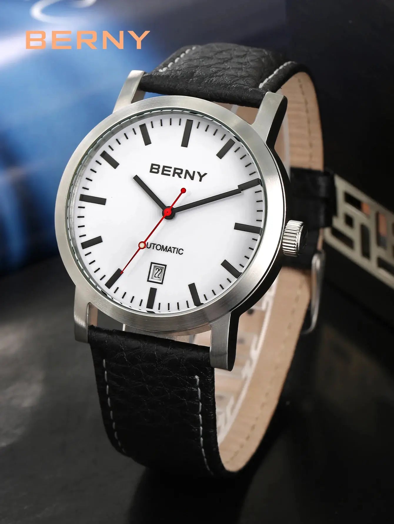 BERNY men's automatic wristwatch with white dial, black markers, steel case, black leather strap, date window.