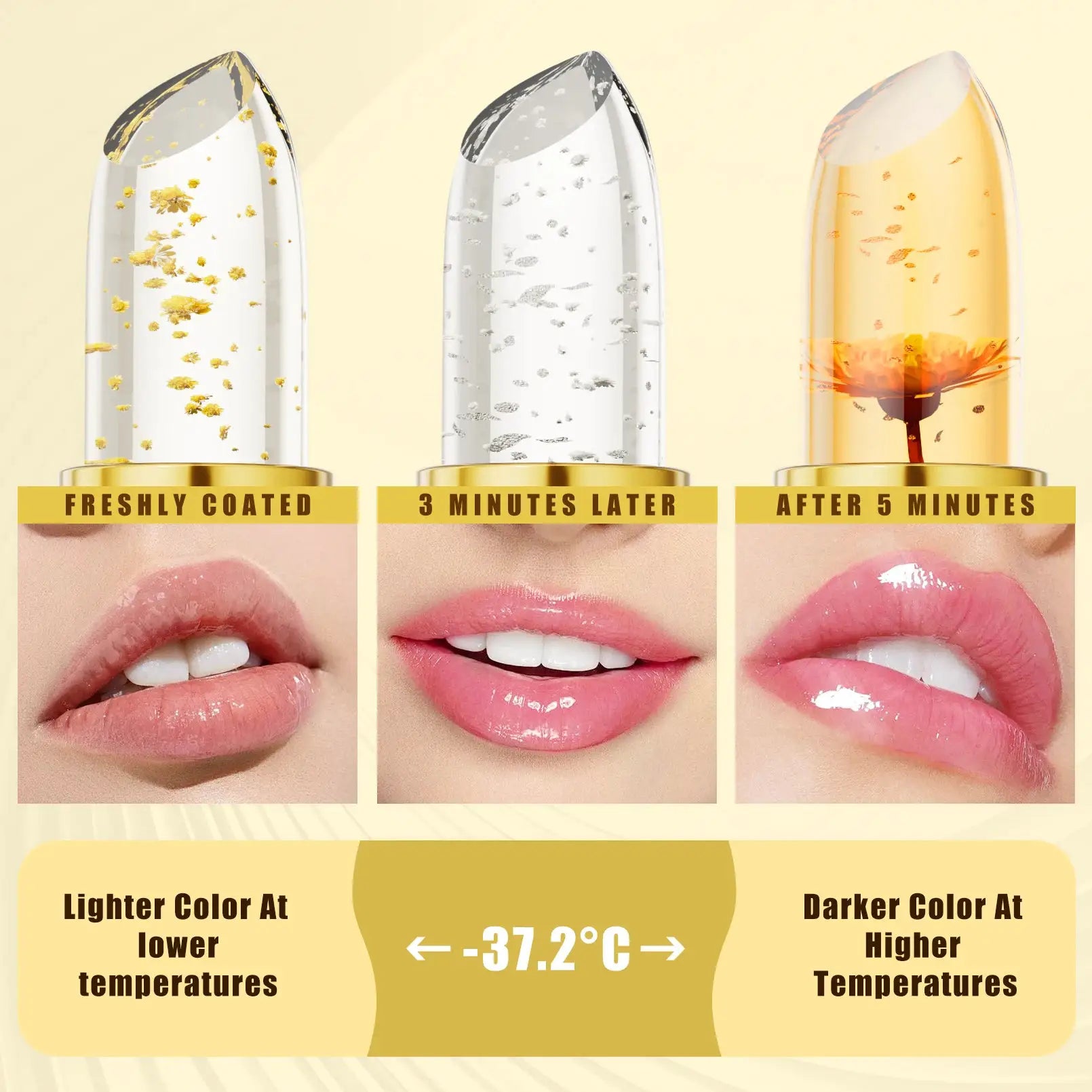 LumiLuxe Color Changing Lipstick PH Reactive Gold Crystal Lip Color With 24 Hour Moisturizing Gloss
