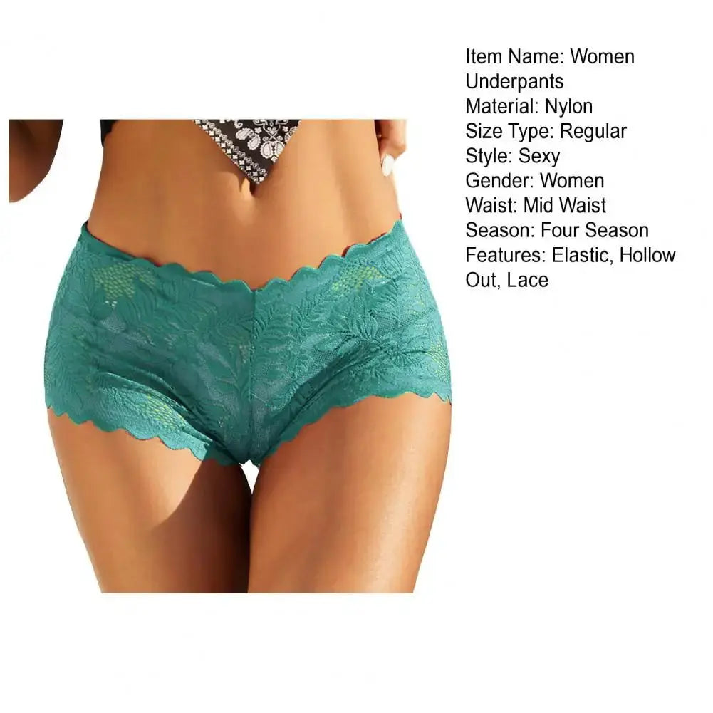 Women teal lace mid-waist panties with hollow-out see-through design and elastic waistband Simples Market