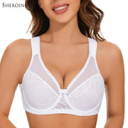 Sheroine white lace floral underwire bra with full-coverage mesh panels for plus-size women