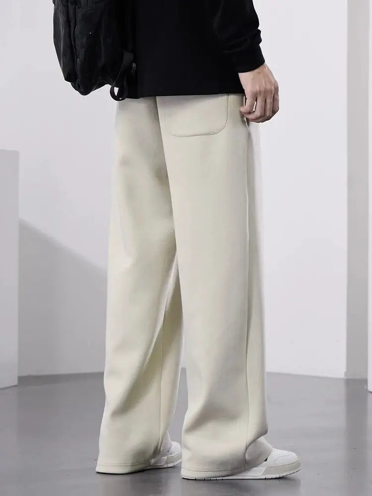 Men's wide-leg cotton track pants, beige with drawstring, casual long trousers