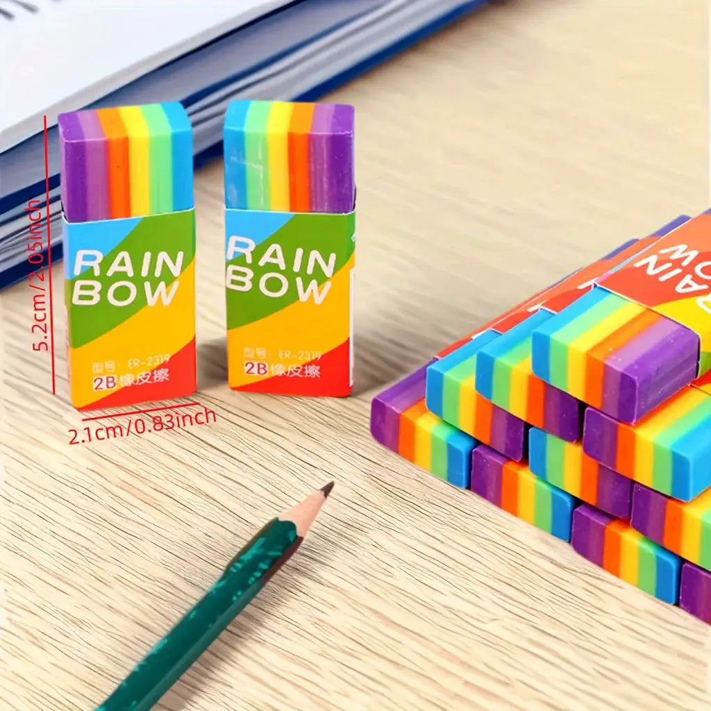 Rainbow pencil erasers, 20-pack by Simples Market, soft PVC non-feathered, multicolor eraser bars