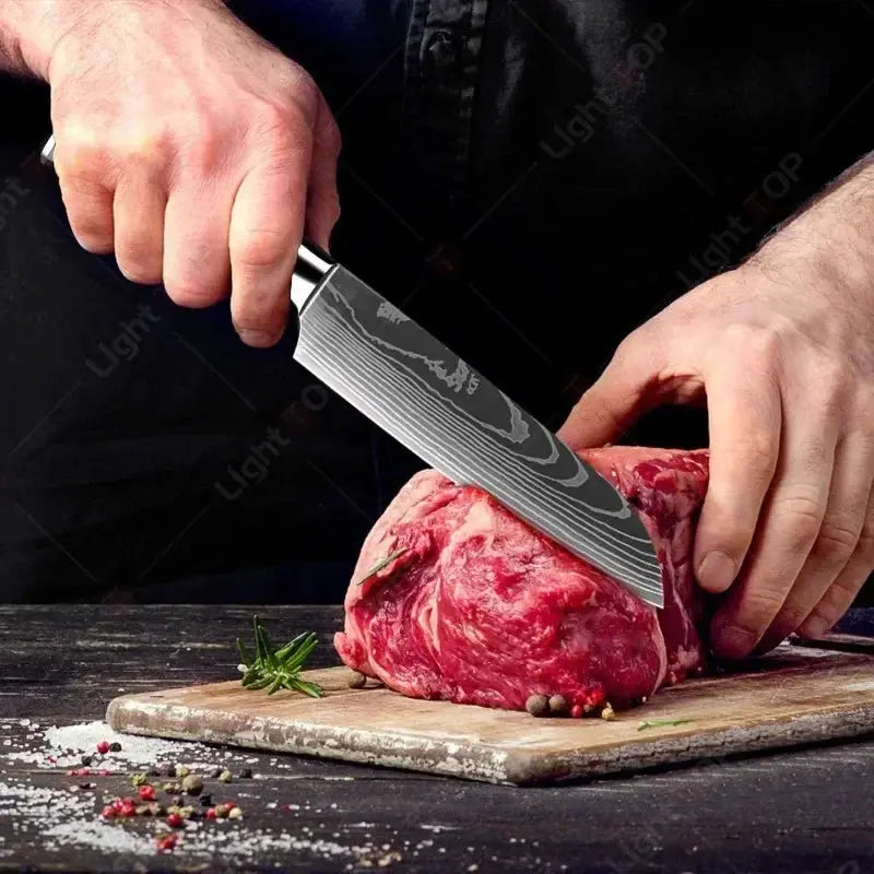 PrimeBlade Laser Damascus Kitchen Knife Set Durable Stainless Steel With Laser Pattern For Meat Fruit Bread And More