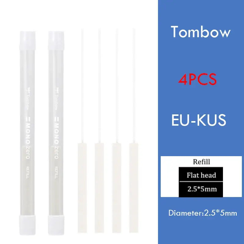 Tombow eraser pen set, 4pcs, white plastic pens with caps, includes 2.5x5mm flat-head refills