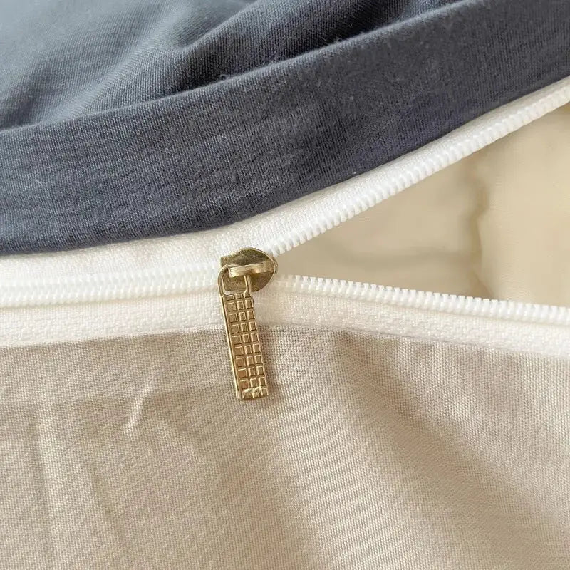 Bed set by Simples Market, 4-piece beige and navy brush fabric with gold zipper