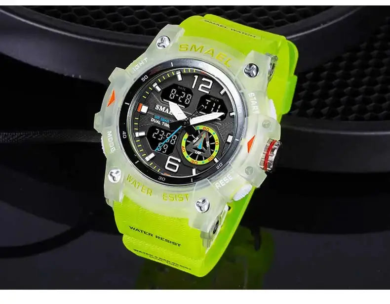 SMAEL sport watch for men neon green silicone strap translucent case LED backlight dual time display water resistant