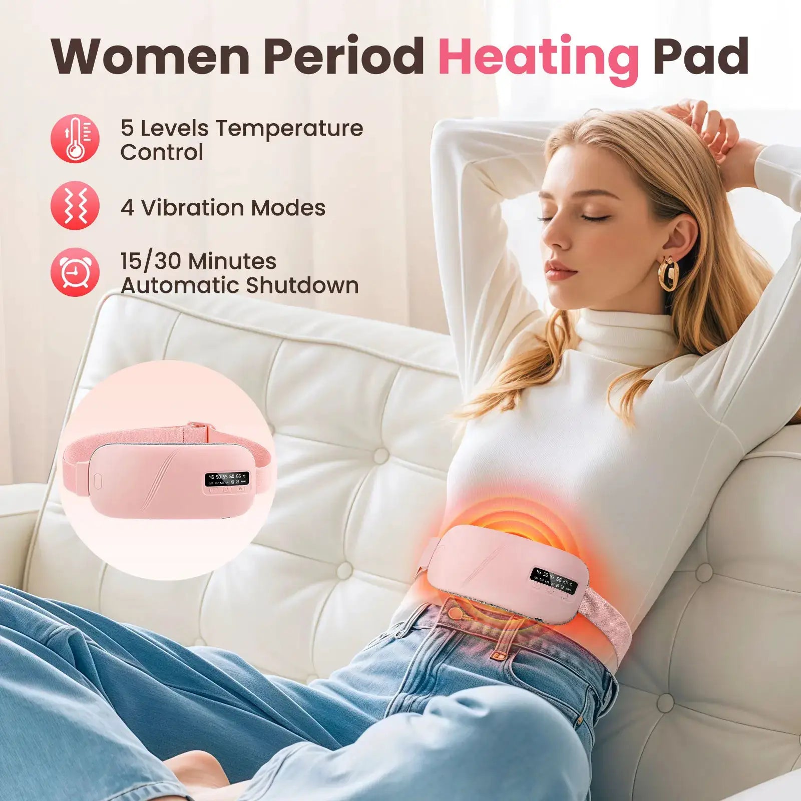 Simples Market pink period heating belt with two pads, 5-level temperature control and 4 vibration modes
