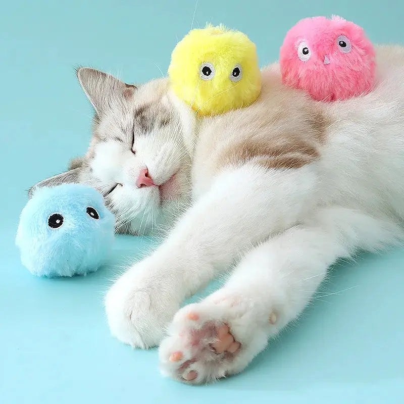 3-pack interactive plush squeak toy balls for cats and dogs in blue, yellow and pink
