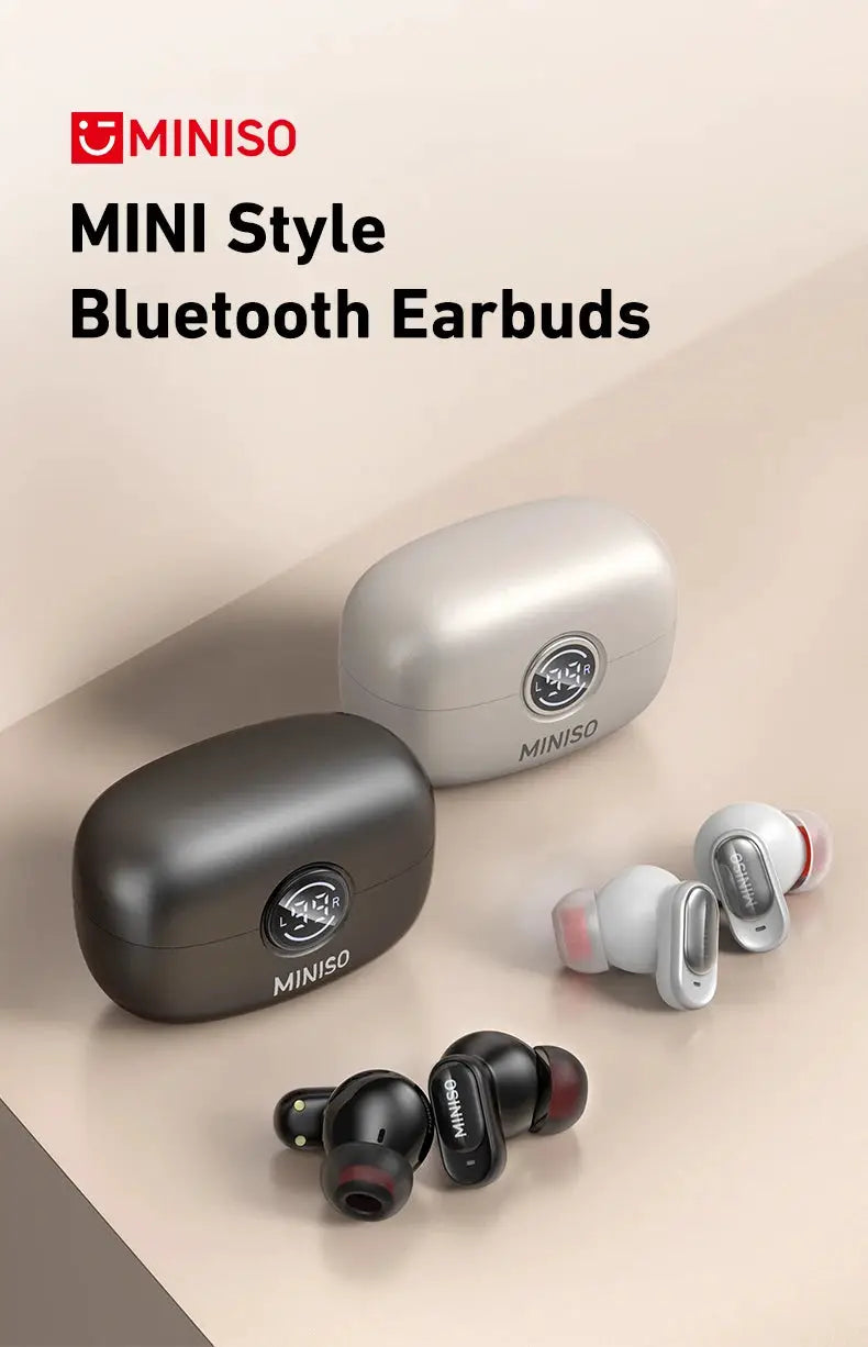 MINISO MS105 Bluetooth in-ear earbuds; black and gray wireless earphones with two charging cases