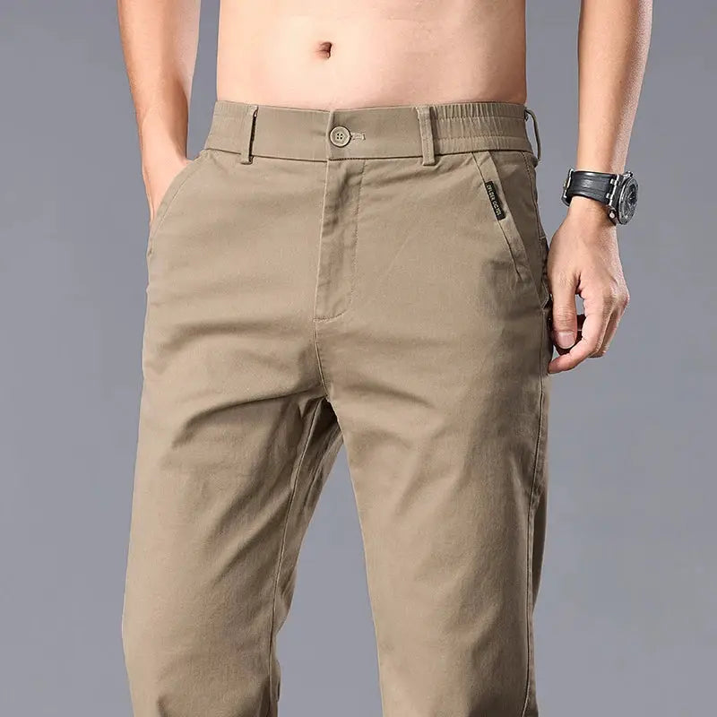 Men's khaki straight-fit stretch chinos by Simples Market for casual workwear.