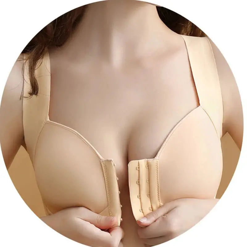 Beige seamless front-closure bra vest with fixed cups