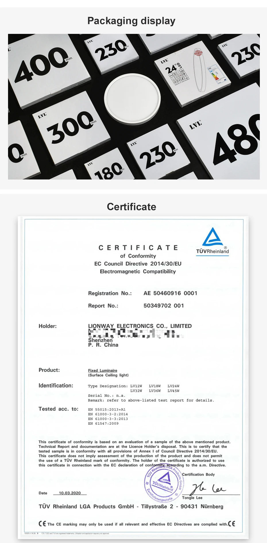 LVL LED round flush ceiling light in wood grain and white with 3-in-1 lighting; packaging boxes and certificate shown