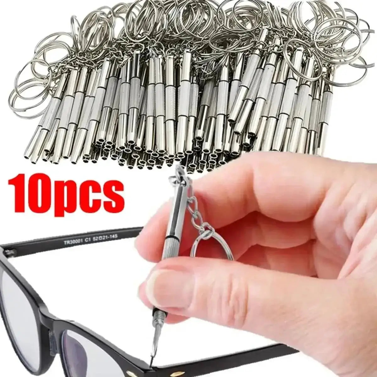 Simples Market 10pc mini 3-in-1 eyeglasses screwdriver repair kit with metal bits on a keychain