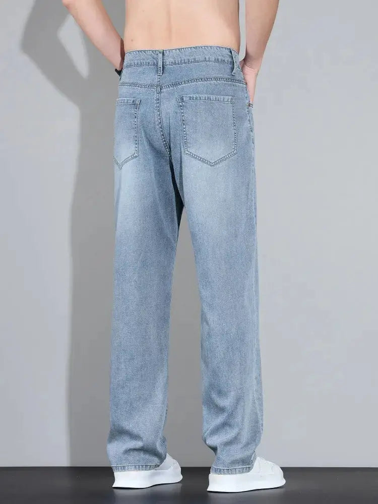 Simples Market Lyocell Ice Silk jeans, light blue straight-leg denim pants, back view