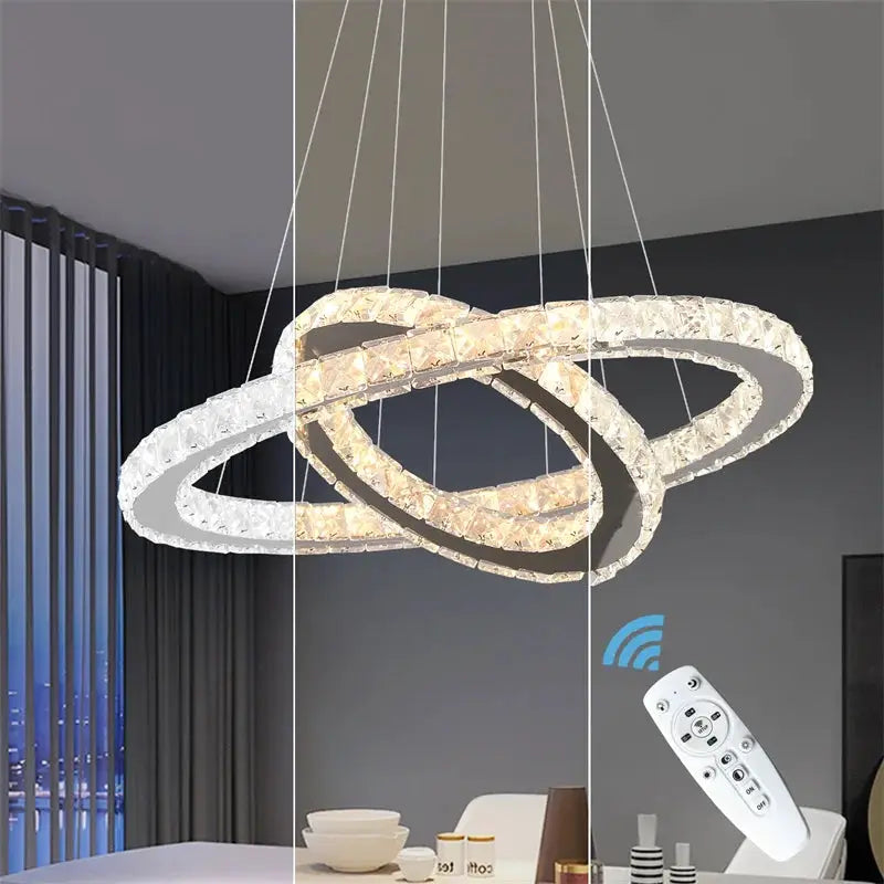 Chandelier: modern crystal-ring LED ceiling light with remote dimming, chrome finish by Simples Market